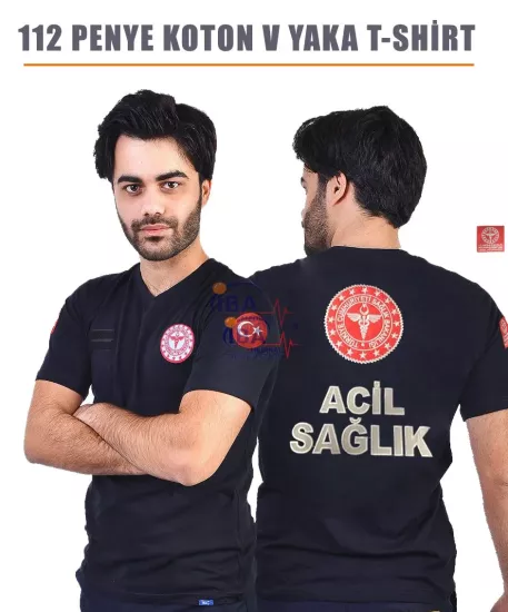 112 Penye Koton V Yaka Kısa Kol T-Shirt Lacivert